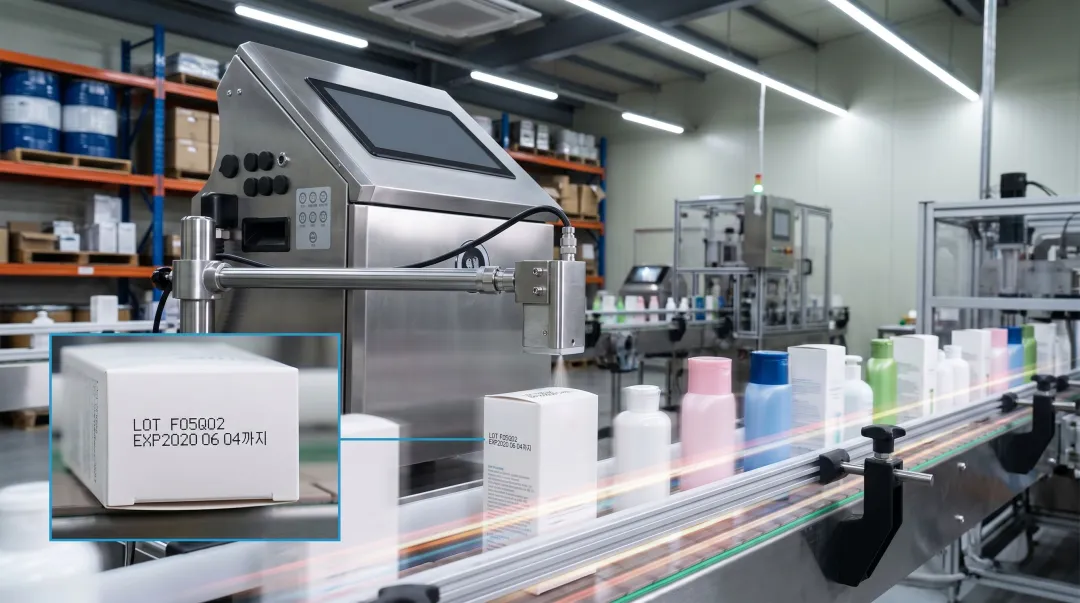 Industrial CIJ printer coding cosmetic packaging on high-speed production line