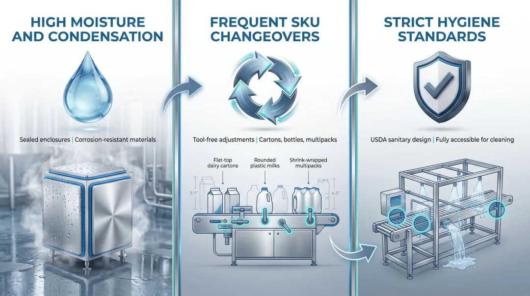 Three key dairy environment challenges for case erector selection infographic