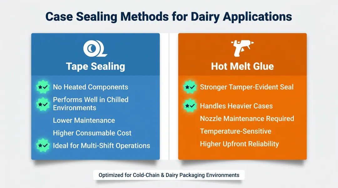 Tape sealing versus hot melt glue sealing comparison for dairy case erectors