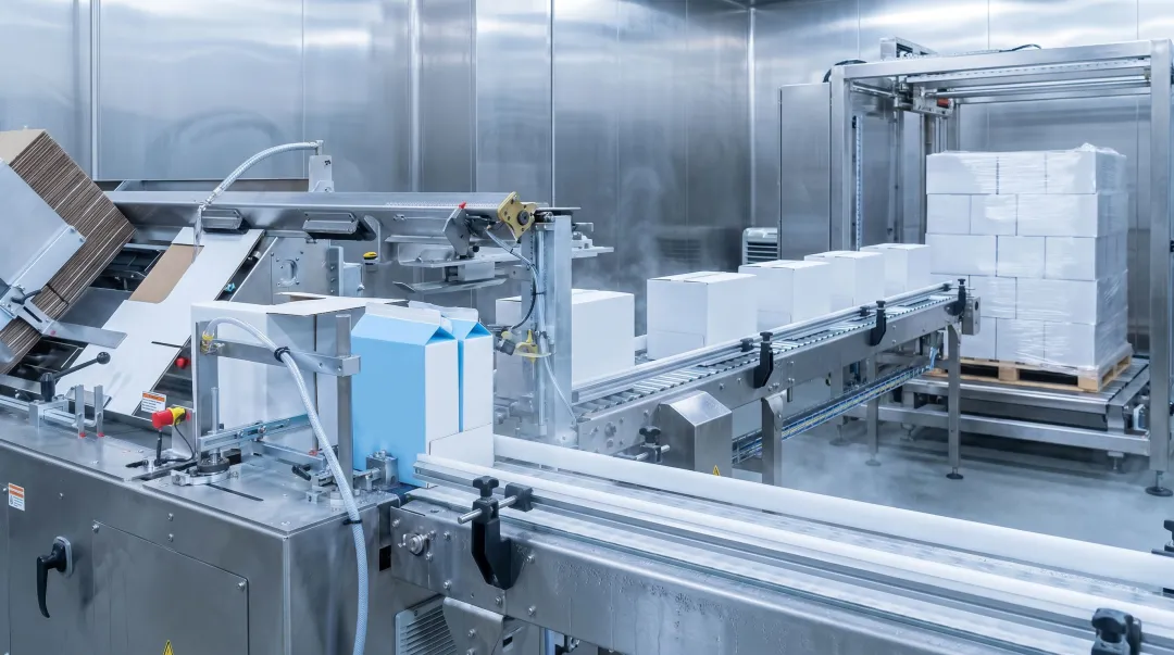 Industrial dairy packaging line with automated case erector and conveyor system