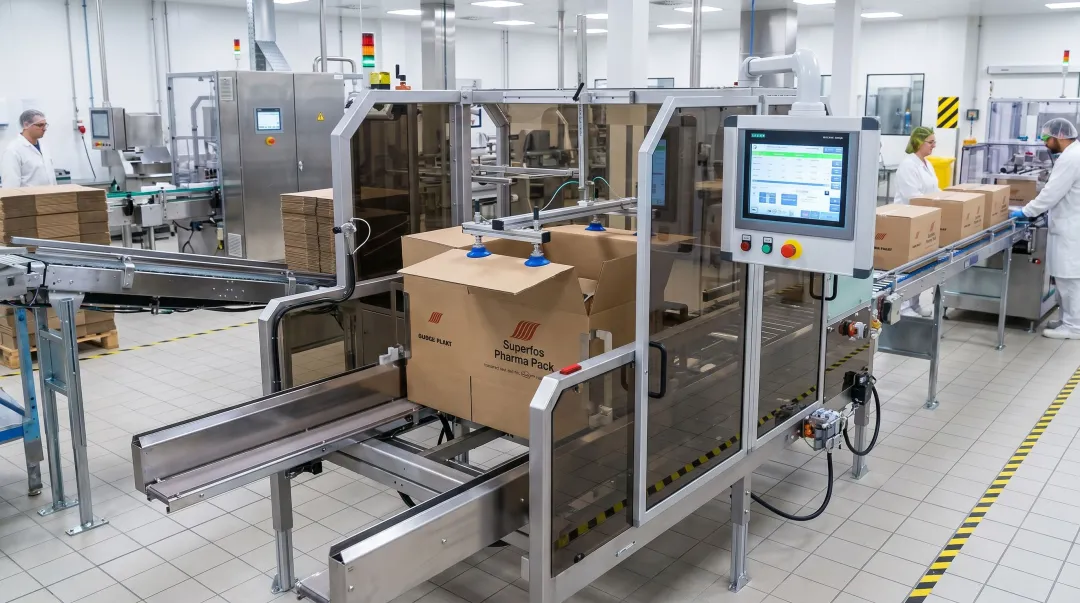 SOCO case erector machine operating on food and beverage packaging line