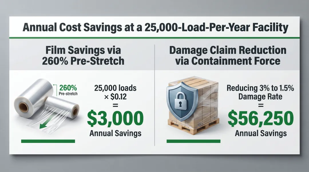 Stretch wrapper total cost of ownership two-scenario annual savings comparison infographic