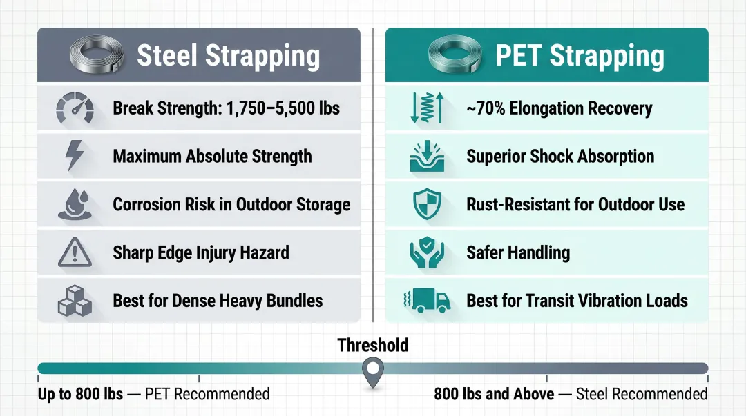 Steel versus PET polyester lumber strapping comparison infographic with break strength specs
