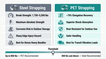 Steel versus PET polyester lumber strapping comparison infographic with break strength specs