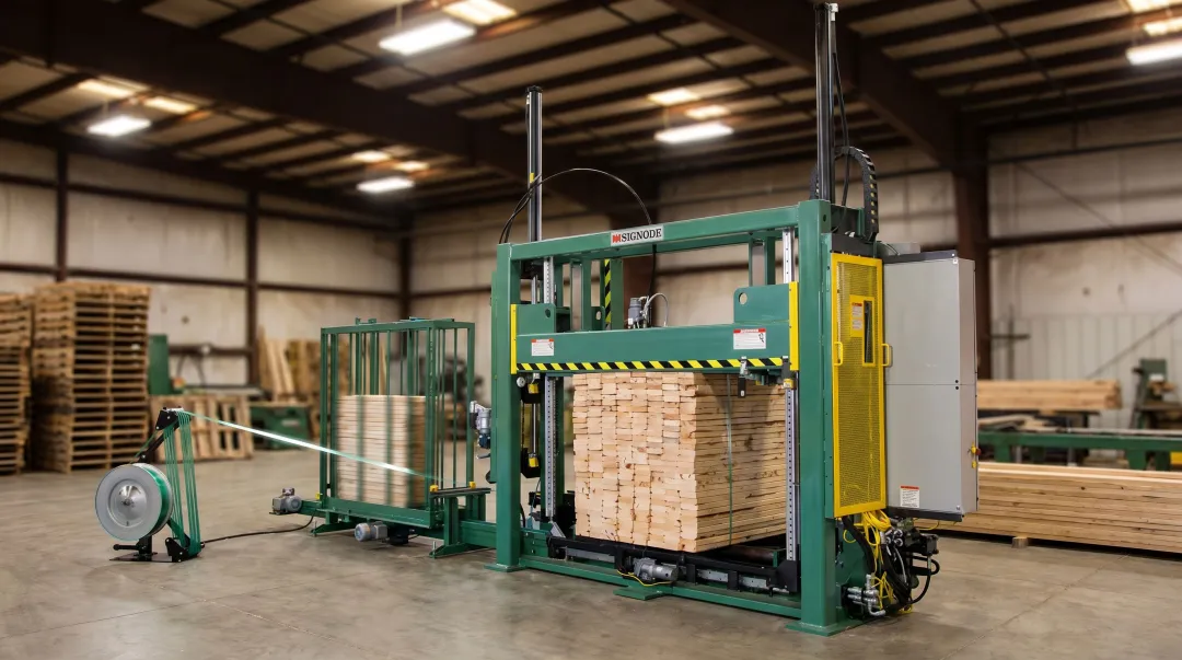 Industrial lumber strapping machine compressing and securing large dimensional lumber bundle