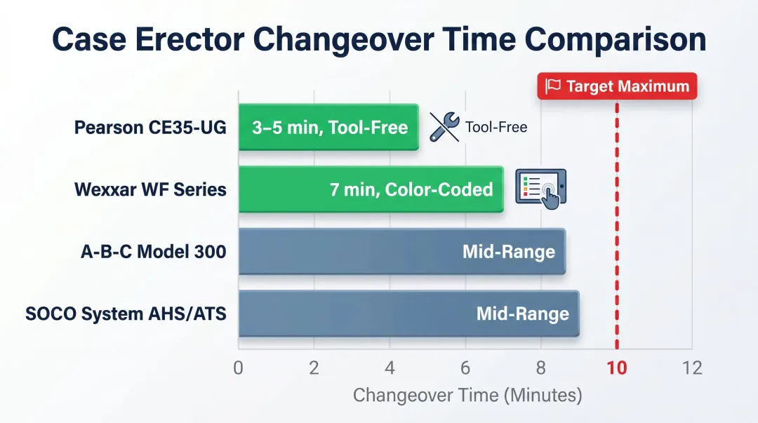 case erector changeover time comparison across top frozen food packaging equipment brands