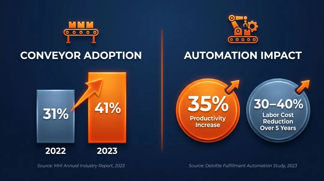 Warehouse conveyor adoption rates and automation productivity statistics comparison infographic