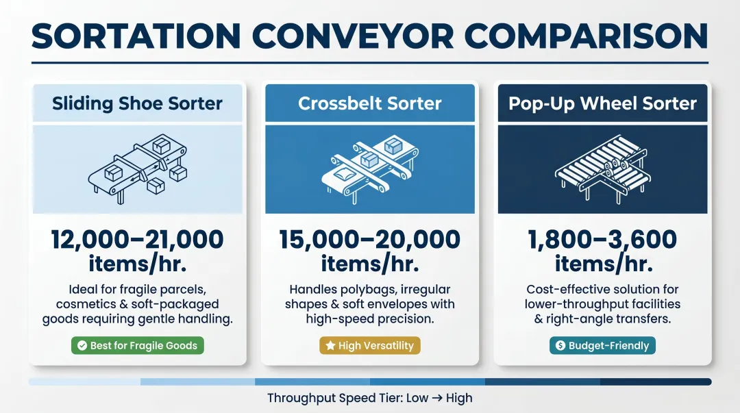 Sortation conveyor subtype throughput comparison sliding shoe crossbelt pop-up wheel