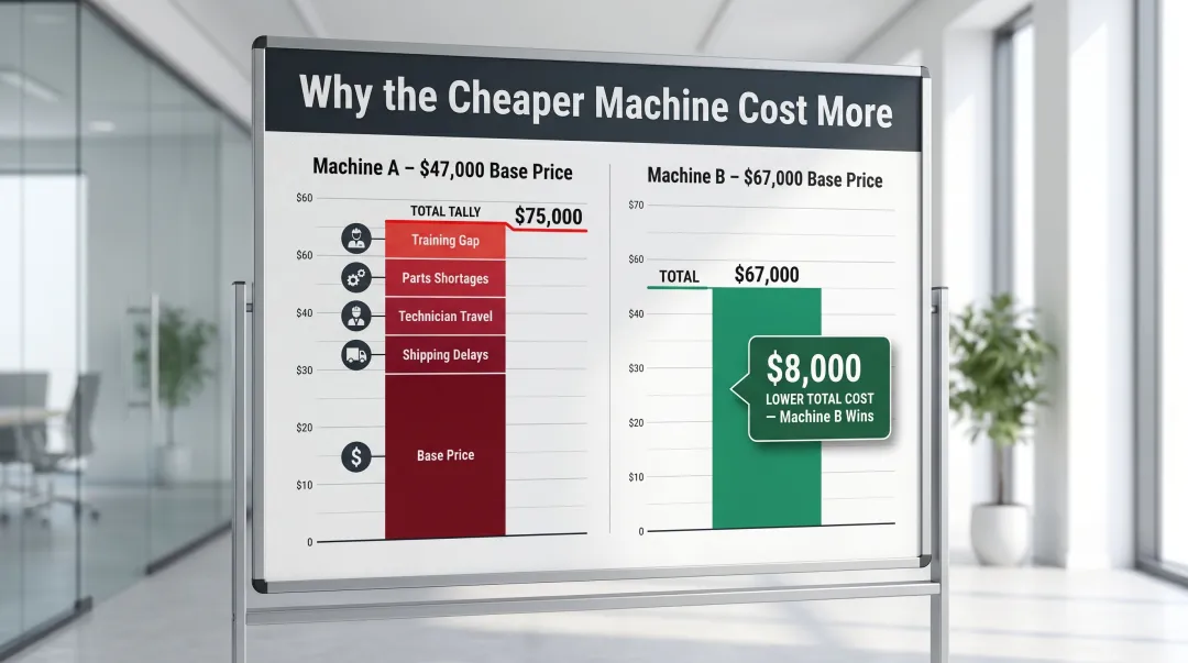 Total cost of ownership comparison showing hidden costs of cheaper packaging machinery