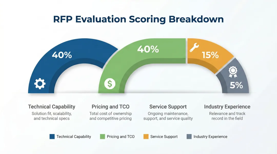 Packaging RFP vendor evaluation weighted scoring criteria breakdown chart