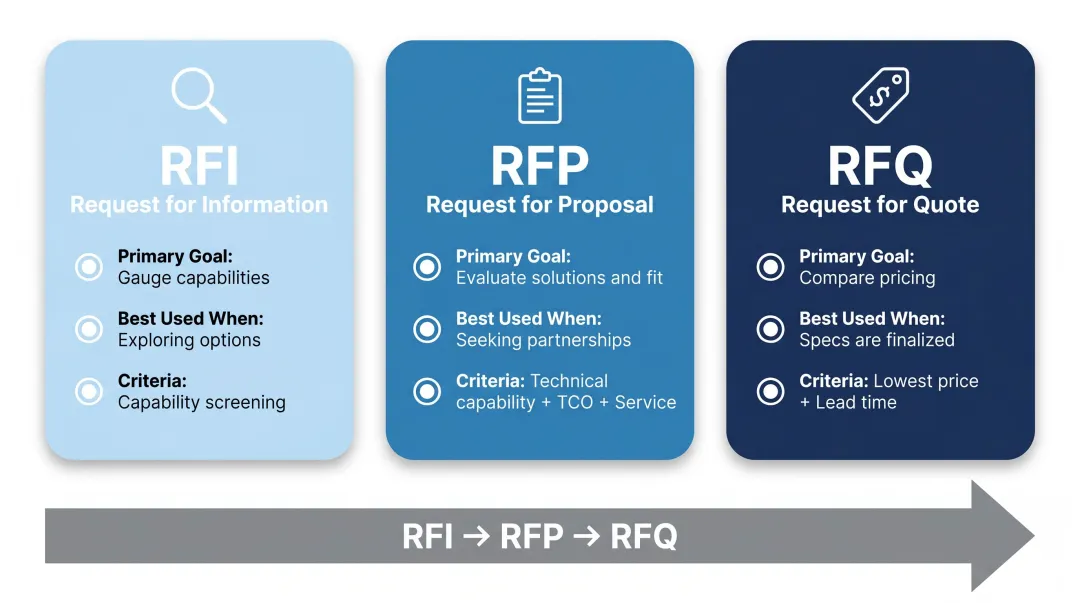 RFI RFP RFQ procurement tool comparison infographic with selection criteria