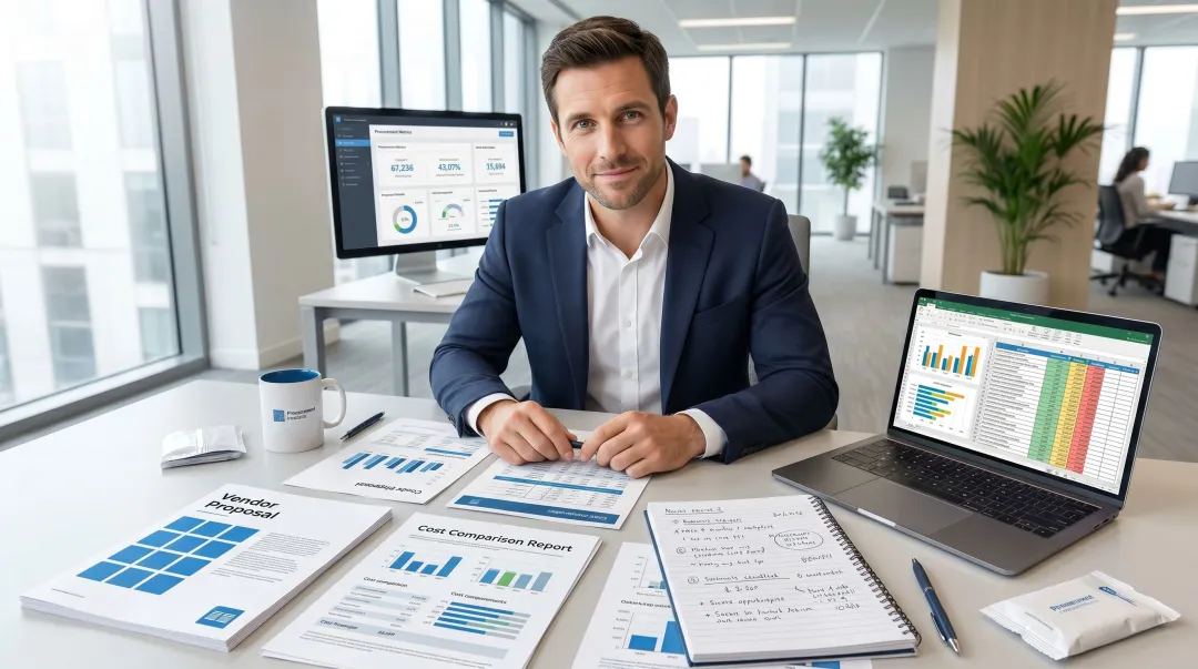 Procurement manager reviewing packaging equipment vendor proposals and cost analysis documents