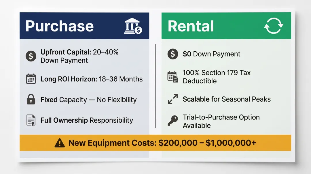 Packaging equipment rental versus purchase cost comparison key benefits infographic
