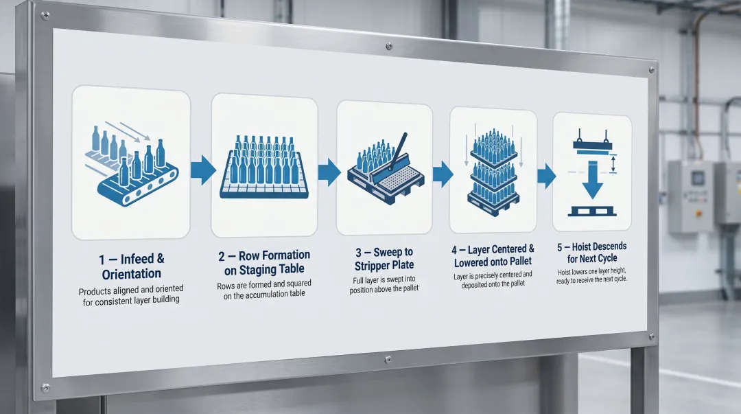 5-step layer palletizer process flow from infeed conveyor to pallet stacking