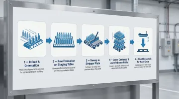 5-step layer palletizer process flow from infeed conveyor to pallet stacking
