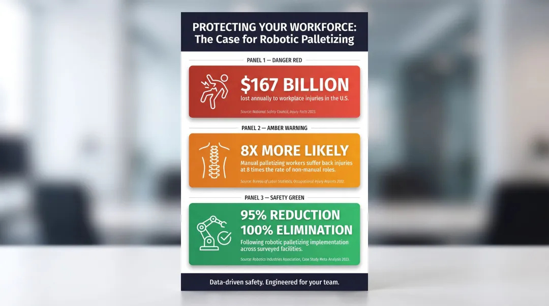 Robotic palletizing worker safety benefits and injury reduction statistics infographic
