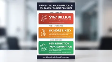 Robotic palletizing worker safety benefits and injury reduction statistics infographic