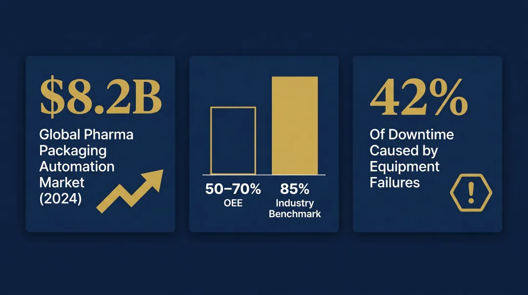 Pharmaceutical packaging OEE benchmarks and downtime cost statistics comparison infographic