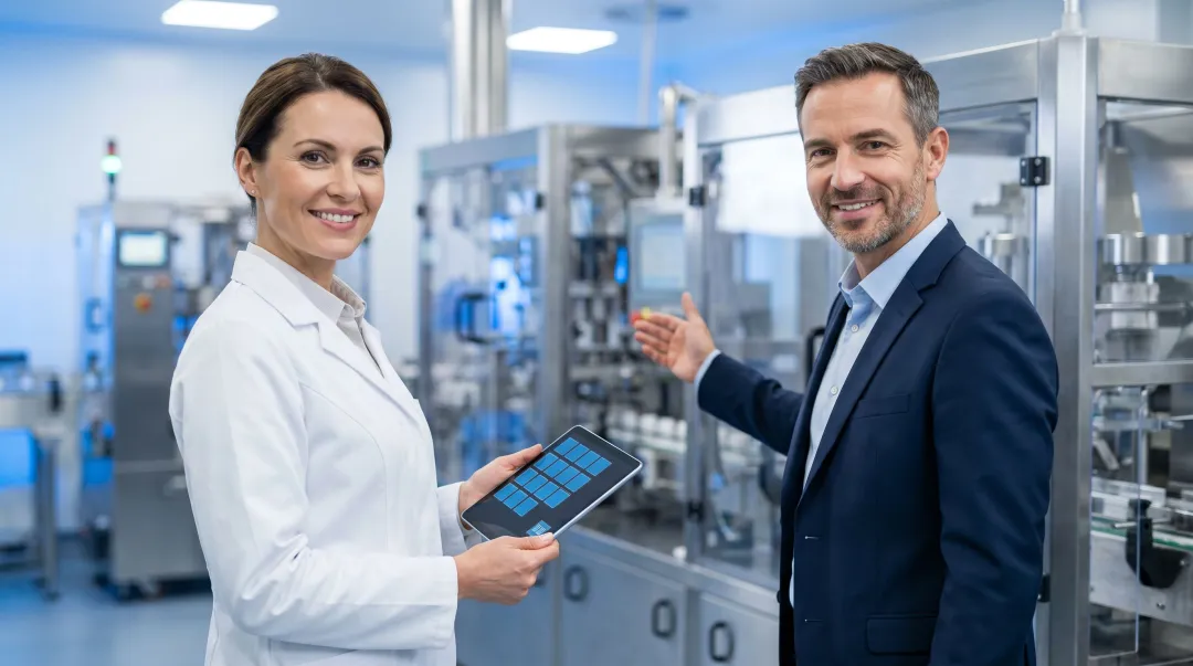 Pharmaceutical packaging equipment specialist consulting with manufacturer on compliance requirements