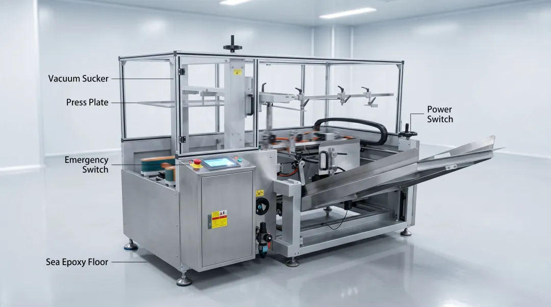 Pharmaceutical case erector machine with servo-driven changeover system on production line