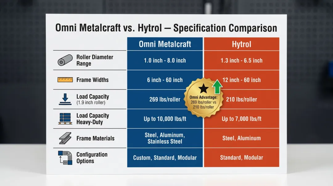 Omni Metalcraft versus Hytrol conveyor spec comparison infographic key differences