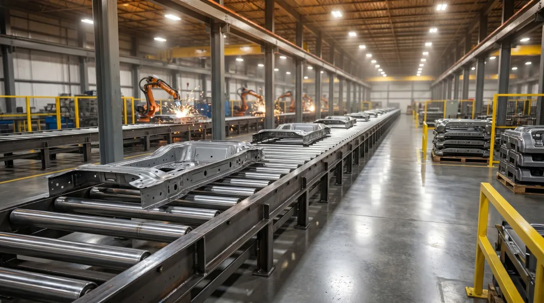 Heavy-duty industrial conveyor system handling wide automotive parts on manufacturing floor