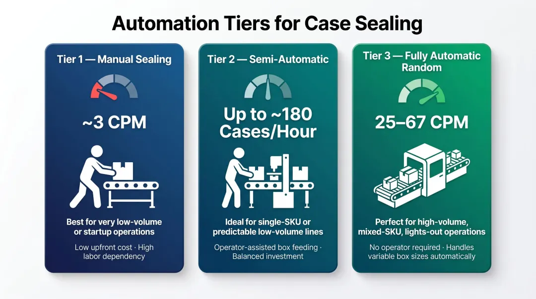 Three-tier case sealer automation levels comparison from manual to high-speed automatic