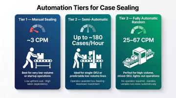 Three-tier case sealer automation levels comparison from manual to high-speed automatic