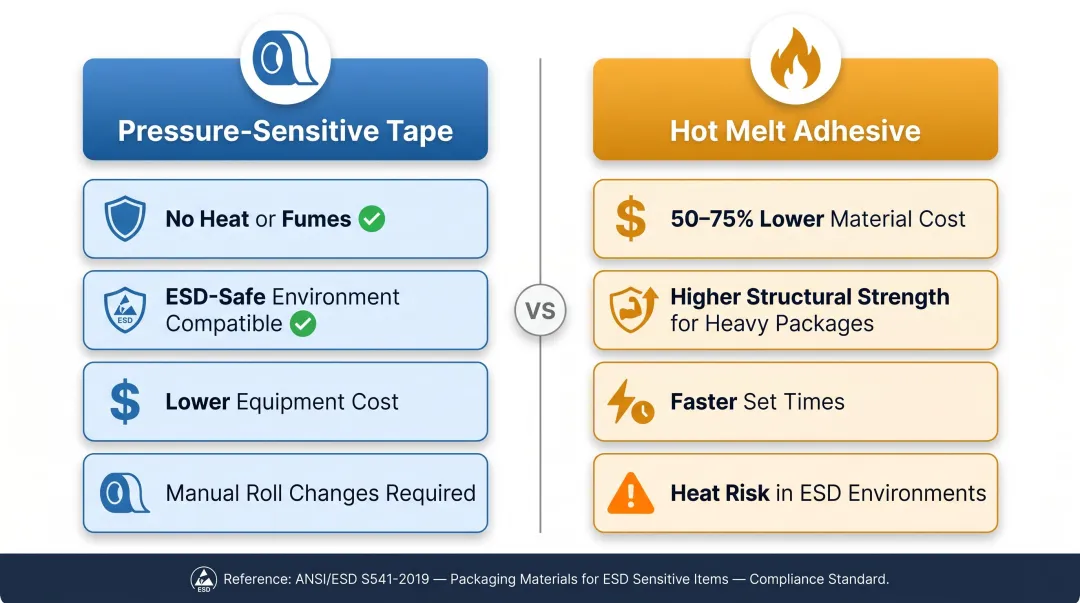 Tape sealing versus hot melt adhesive sealing side-by-side comparison for electronics packaging