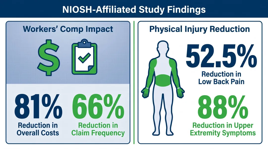 Ergonomic lift table ROI statistics showing injury cost reduction percentages infographic