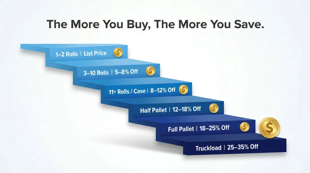 Bulk strapping volume discount pricing tiers from single roll to truckload