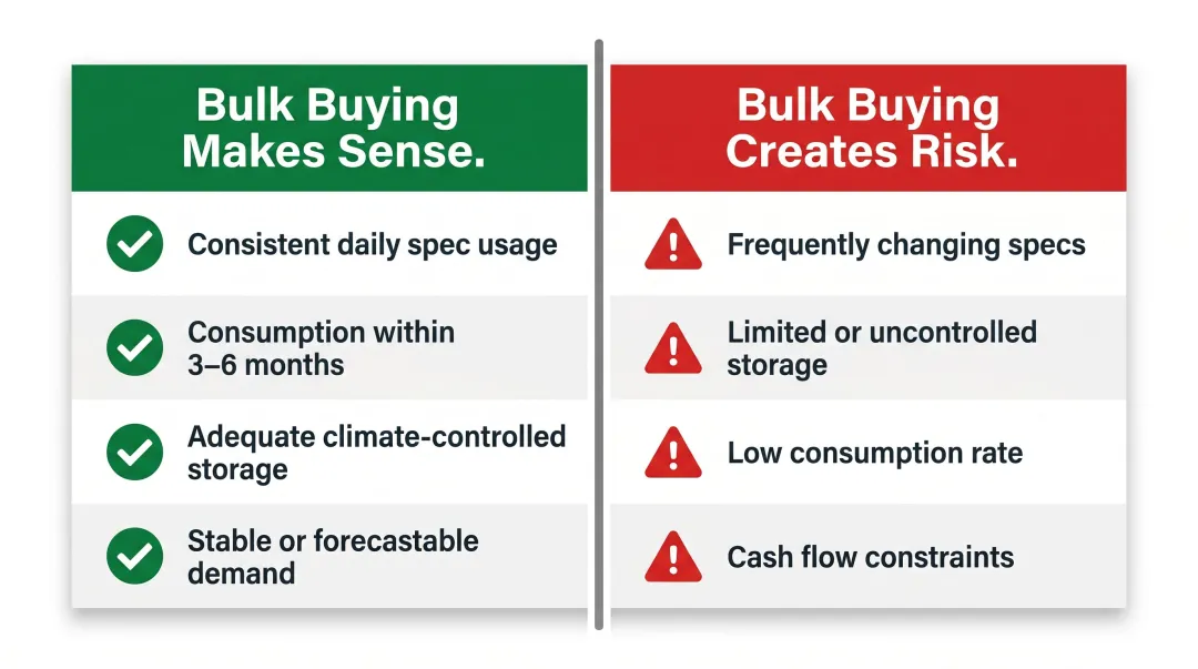 Bulk strapping purchase decision matrix showing ideal conditions versus risk factors
