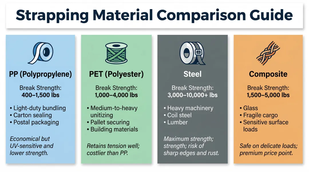 Four strapping material types comparison chart PP PET steel composite specifications