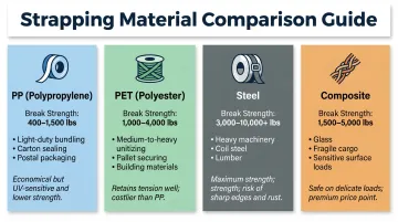 Four strapping material types comparison chart PP PET steel composite specifications