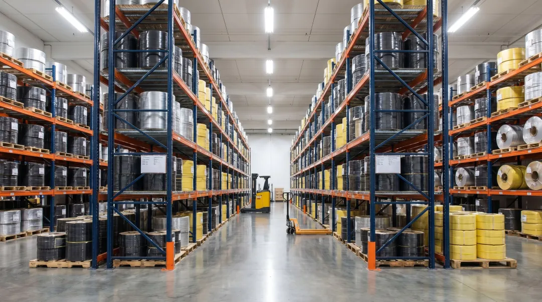 Warehouse pallet racking system with strapping rolls stored upright on shelves