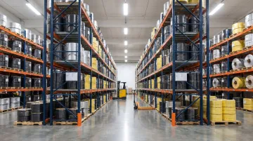 Warehouse pallet racking system with strapping rolls stored upright on shelves