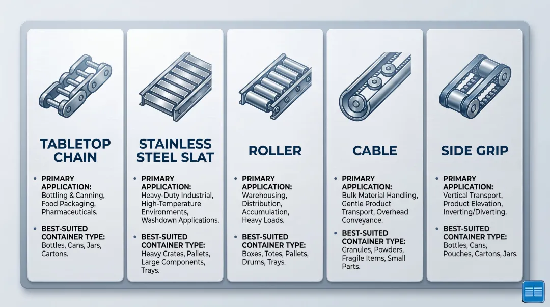 Five bottling plant conveyor types comparison infographic with key applications