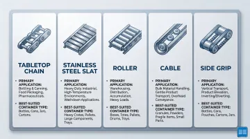 Five bottling plant conveyor types comparison infographic with key applications