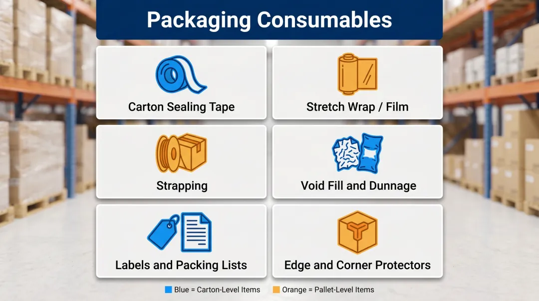 Six packaging consumables categories tracked at carton and pallet level