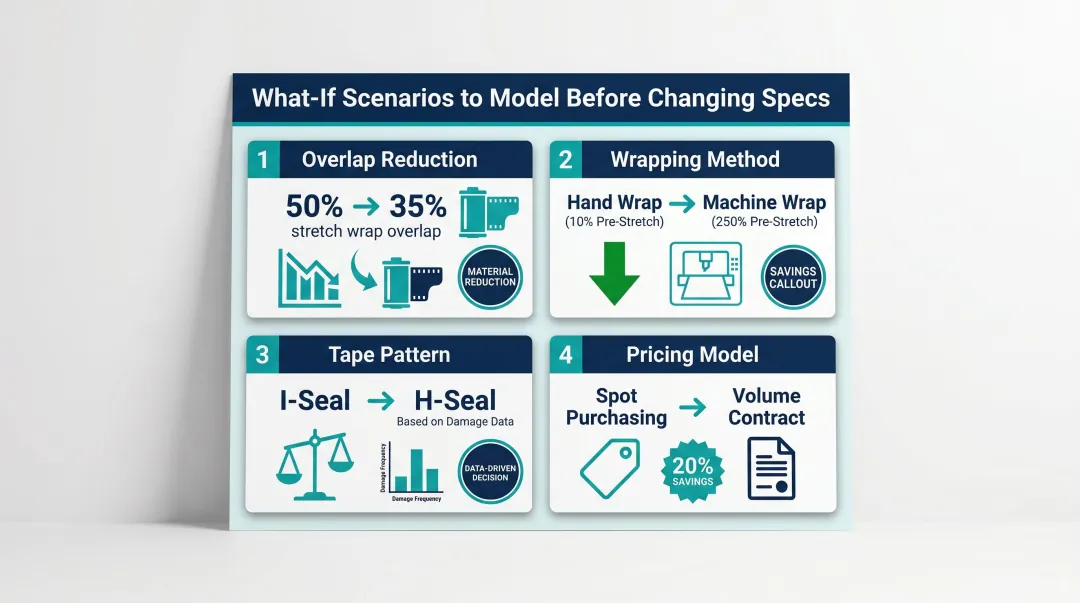 Four packaging cost what-if scenario optimization examples for stretch wrap and tape
