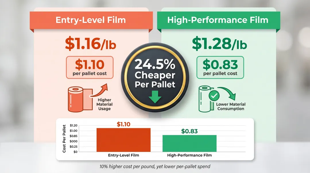 Standard versus high-performance stretch film cost per pallet side-by-side comparison