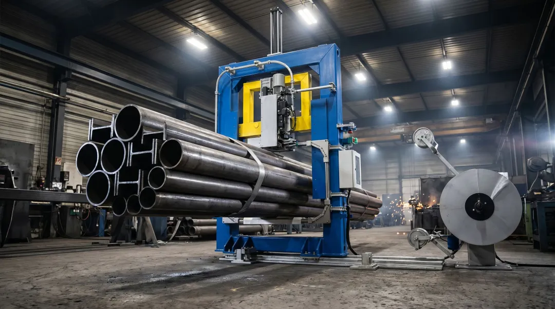 Industrial strapping machine securing steel pipe bundles on fabrication floor