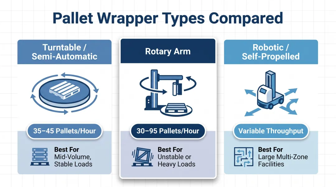 Three pallet wrapper types comparison turntable rotary arm robotic side-by-side
