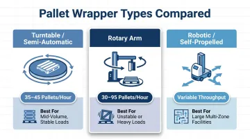 Three pallet wrapper types comparison turntable rotary arm robotic side-by-side