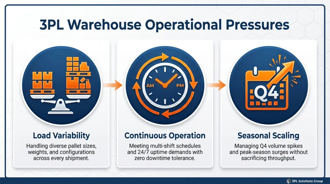 Three core 3PL pallet wrapping pressure categories infographic breakdown
