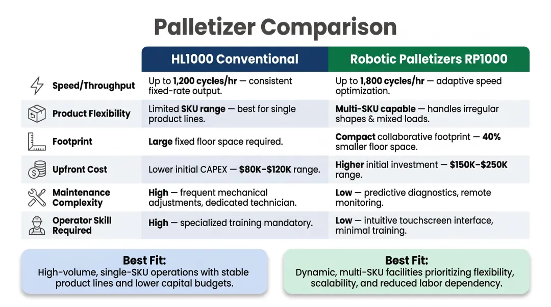 HL1000 conventional palletizer versus robotic palletizer six-factor side-by-side comparison chart
