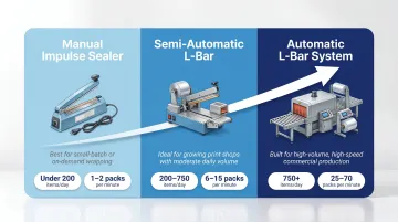 Three-tier shrink wrap machine throughput comparison for print shop volumes