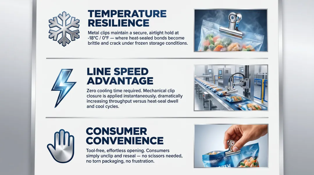 Three reasons frozen meal producers prefer clip closing over heat sealing