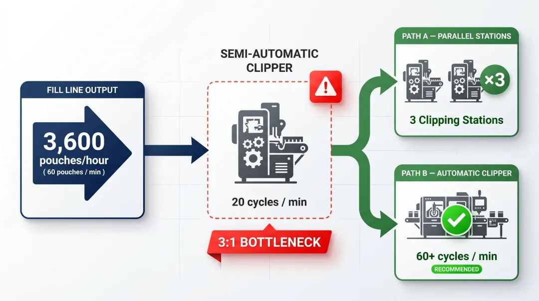 Frozen meal line throughput bottleneck scenario comparing fill rate to clipper capacity
