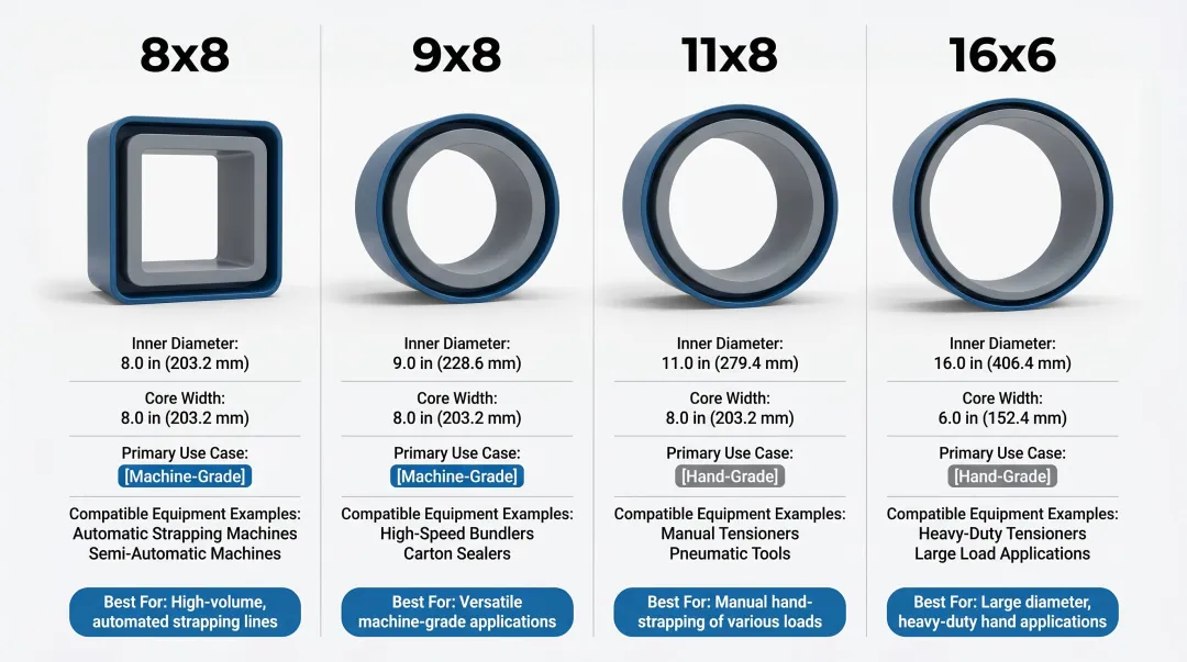 Four strapping core sizes 8x8 9x8 11x8 16x6 comparison chart infographic